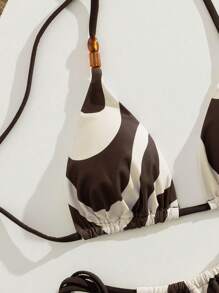 Swim Vcay Bikini para mujer, parte superior de traje de baño minimalista y vintage con decoración de tiras de color block y lazos laterales para playa y vacaciones de verano