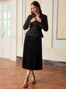 ZEYLAH Black Chunky Tweed, Gold Sequin Decorated, Ruffled Hemline, Chiffon Floral Jacquard Mid-Length Women Dress - Black - View 5