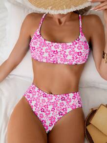 SHEIN Swim Women's Swimwear Set, Printed Tankini, Wireless For Summer Beach Vacation - Hot Pink - View 5