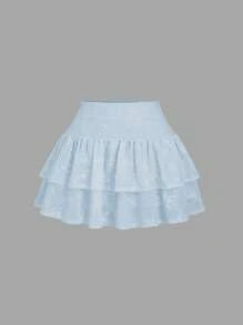 Sweetra Women's Sweet French Style Pink Jacquard Double Ruffle Hem Mini Skirt, For Spring/Summer - Blue - View 1