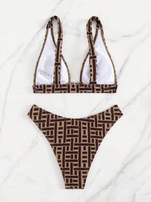 SHEIN Swim 2 món/bộ thời trang mới màu nâu gợi cảm bó sát thanh lịch dự tiệc, lễ hội âm nhạc, bộ đồ bơi bikini đi biển cho nữ, mùa hè - Cà phê nâu - Xem 8
