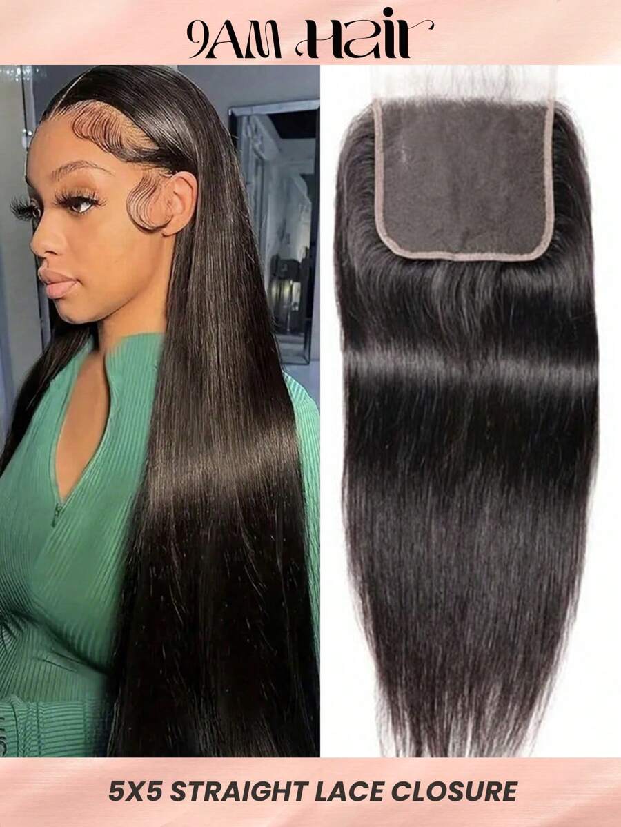 Cierre frontal de encaje transparente preescasilado de 5x5 pulgadas con raya libre, 100% cabello humano brasileño virgen remy liso, cierre frontal de encaje invisible para aumentar el volumen de la frente - SNatural - Ver 1