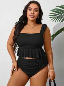 SHEIN Swim Curve Áo bikini hở lưng tối giản cỡ lớn, thời trang cho mùa hè - màu đen - Xem 4