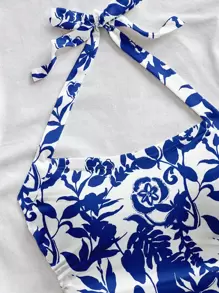 Soleia 女士复古蓝白瓷印花针织纹理露背背心，适合夏季