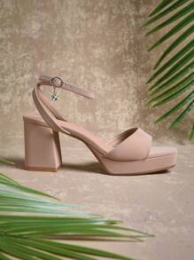 SHUZIA 畅销女士踝带扣带水钻吊坠灰褐色粗跟厚底凉鞋 - 优雅、迷人且。 - 米色 - 查看 2