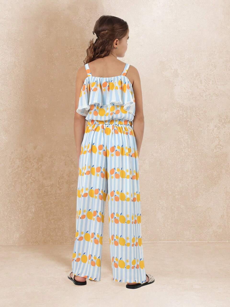 Leichtes Palazzo-Tanktop mit Rüschen und Zitrusmuster, Kombiteil