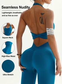 Slayform Solid Color Backless Racerback Seamless Jumpsuit - Olive Green - View 2