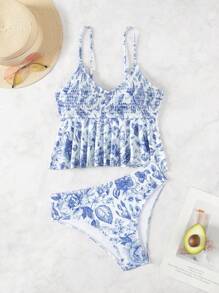 Swim Vcay 2 件套女士分体式泳衣，休闲海滩岛屿度假装，蓝白花卉印花，夏季 - 藍白色 - 查看 3
