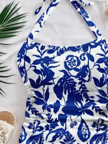 Soleia 女士复古蓝白瓷印花针织纹理露背背心，适合夏季