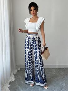 Elenzga Conjunto de dos piezas de mujer de estilo elegante y de vacaciones, con parte superior corta de cuello cuadrado con diseño de mangas con volantes y pantalones holgados de pierna ancha con estampado de estilo bohemio, para primavera/verano