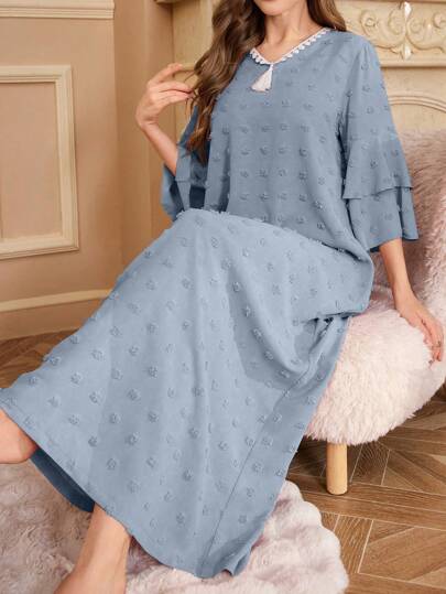 PalaceNights V 领瑞士圆点提花荷叶边下摆流苏饰边女士睡衣睡袍，3/4 袖，Moo Moo，秋季