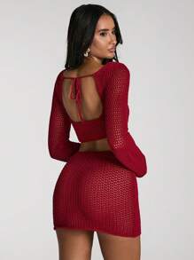 SHEIN BAE 2 件套：系带网眼长袖海滩风格女式毛衣和紧身裙 - 紅色 - 查看 2