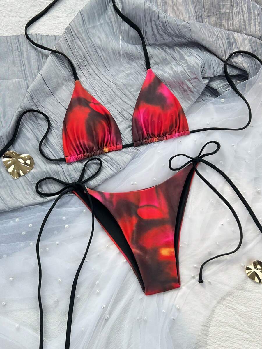 Swim Mod 2026 Spring/Summer New Random Red & Black Tie-Dye Print Spaghetti Strap Solid Lining Sexy Vacation Side Tie Thong Bikini 2-Piece Swimsuit For Women