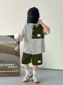 SHEIN 2pcs/Set Young Boys Comfortable Daily Versatile Loose Fit Korean Fashion Stripe Shirt And Contrast Shorts Set, Suitable For Spring/Summer, For Daily, Sports, Outings, School, Parties, Holidays, Photoshoots, Back-To-School