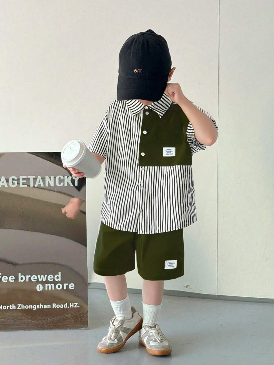 SHEIN 2pcs/Set Young Boys Comfortable Daily Versatile Loose Fit Korean Fashion Stripe Shirt And Contrast Shorts Set, Suitable For Spring/Summer, For Daily, Sports, Outings, School, Parties, Holidays, Photoshoots, Back-To-School