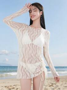DAZY Women's Teardrop Lace Mesh Fabric One-Side Drawstring Elegant Pullover Summer Beach Cover-Up