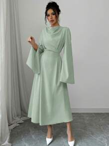 Elenzga Damen elegantes Einfarbiges Kleid mit Glockenärmeln