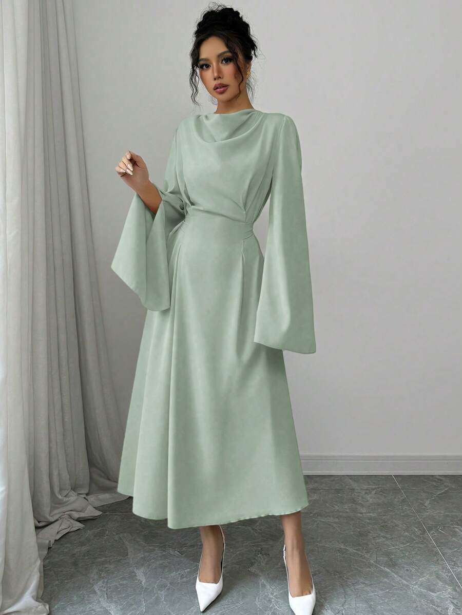 Elenzga Damen elegantes Einfarbiges Kleid mit Glockenärmeln