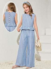 SHEIN Tween 女童度假休闲条纹无袖上衣和直筒裤套装 - 淺藍色 - 查看 1