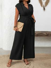Calvaya Tuta elegante e casual da donna taglie forti, in stile francese, con colore unito, scollo a V, in vita arricciata, con tasche e gamba dritta ampia, adatta per primavera/estate
