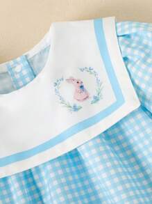 Souflis Souflis Mädchen Kleine Mädchen Sommer Neue Plaid Stoff Kragen Puffärmel Lose Fit Zurück Öffnen Einfaches An-/Ausziehen Mode Niedlichen Kaninchen Druck Süße Kleid