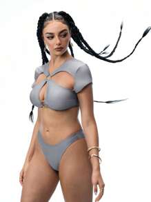 Swim EVENT 2 件银色紧身性感镂空音乐节派对女士泳衣套装 - 銀色 - 查看 6