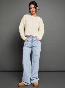 WESTFADE Spring Cable Knit Crew Neck Button Front Long Sleeve Cardigan Sweater - White - View 3