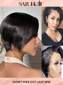 Straight Pixie Cut 13 X 4 X 1 T-Part Lace Wig Lace Front Natural Hair Wigs Short Hair Replacement Wig High Density - Natural Black - View 2