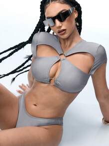 Swim EVENT 2 件银色紧身性感镂空音乐节派对女士泳衣套装 - 銀色 - 查看 1