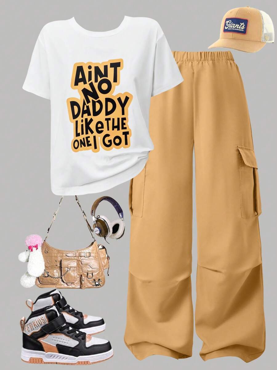 2pcs/Set Teen Girls Graphic Print Casual T-Shirt And Cargo Pants - Khaki - View 1