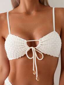 SHEIN Swim 1pc Women's Solid Color Sexy Halter Bikini Top With Front Strap For Summer Beach Vacation - Apricot - View 3