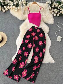 DreamSkyne Plus Size Women Solid Asymmetric Hem Cami Top And Floral Print Pants Fashion 2 Pieces Set - Hot Pink - View 1