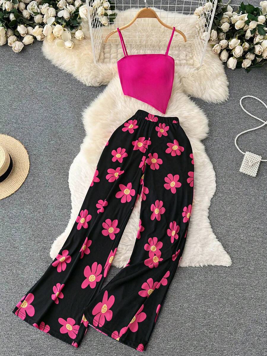 DreamSkyne Plus Size Women Solid Asymmetric Hem Cami Top And Floral Print Pants Fashion 2 Pieces Set - Hot Pink - View 1