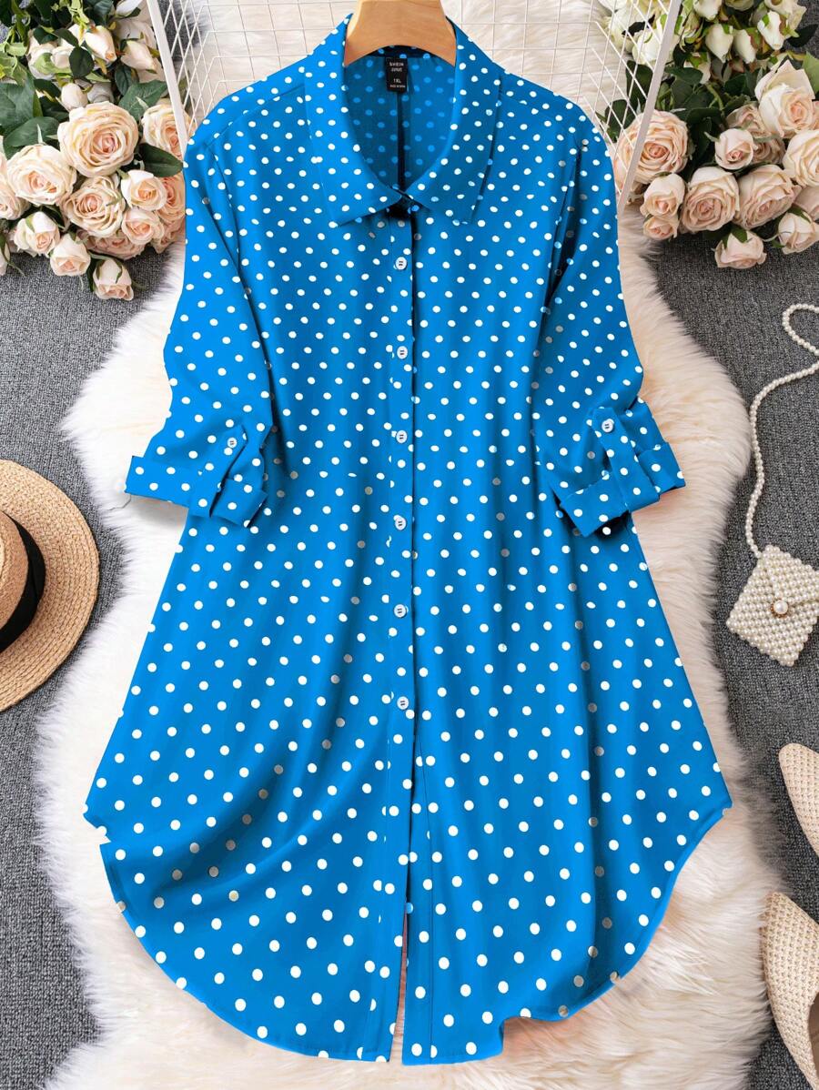 EMERY ROSE Plus Size Women Polka Dot Print Ruffle Sleeve Single-Breasted Shirt Dress - Multicolor - View 1