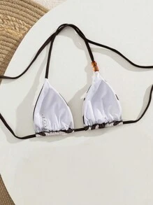 Swim Vcay Bikini para mujer, parte superior de traje de baño minimalista y vintage con decoración de tiras de color block y lazos laterales para playa y vacaciones de verano