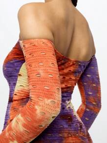 SUMWON WOMEN Off Shoulder Long Sleeve Bodycon Mini Dress Tie Dye Pattern Cut-Out Design Party Club Night Evening Fitted Modern Fashion Spring Summer - Multicolor - View 8