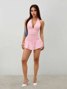 SHEIN PETITE 女式露背高弹力腰部 A 字下摆紧身褶边连体裤