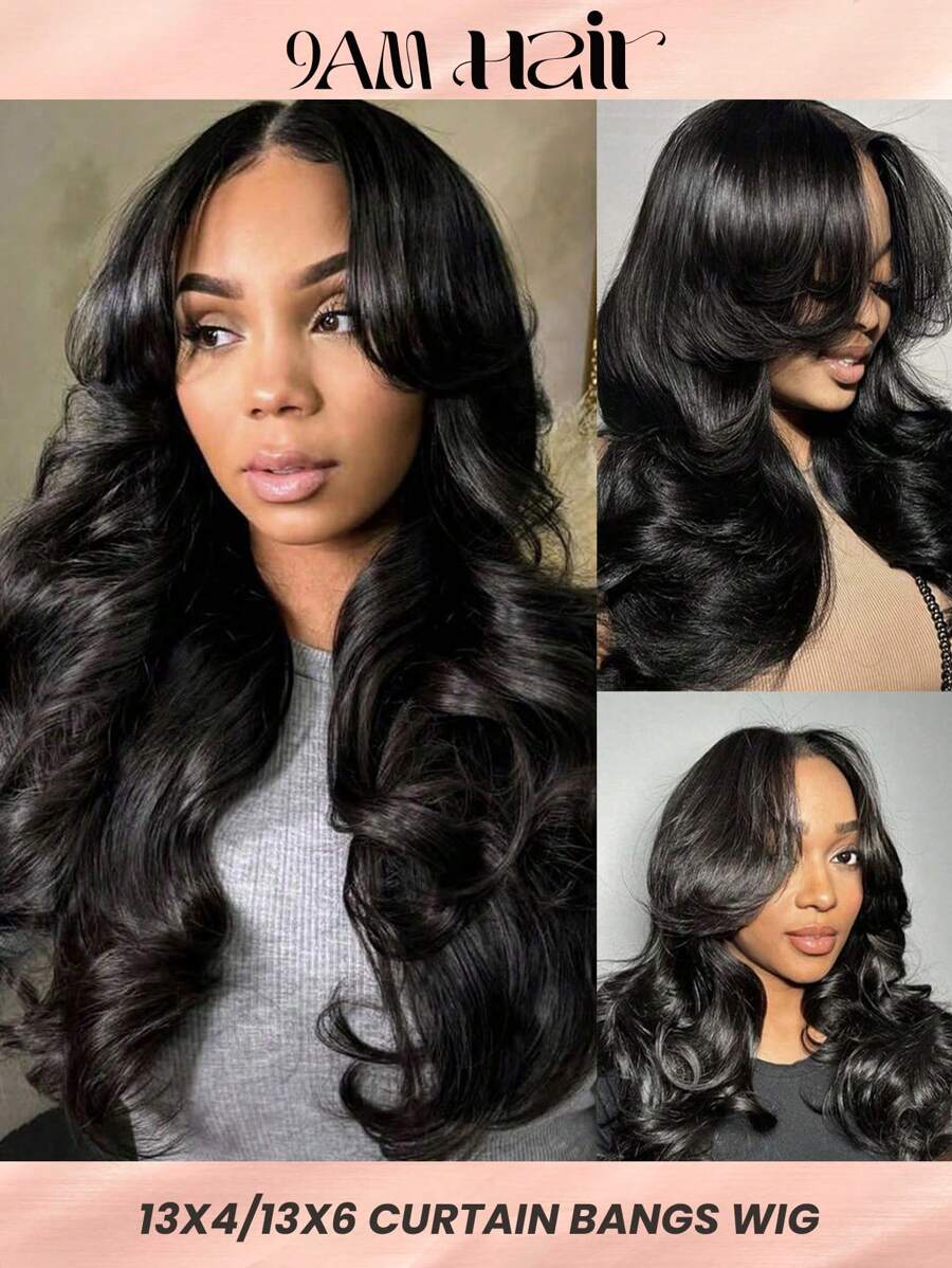 13x4/13x6 透明蕾丝前部假发，带窗帘刘海，波浪假发，真人发，自然色蕾丝前部，女士假发 - Natural Black - 查看 1