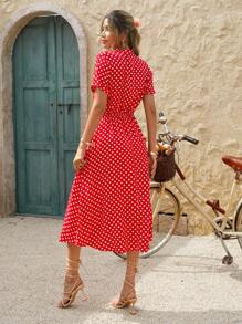 Breezaya Polka Dot Drawstring Button Front Dress Maxi Vacation Beach Outfits Women - Red - View 2