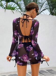 3pcs/Set Women Swimming Suit, Bikini Set With Coverup, Long Sleeve Cover Up, Digital Printing, Beach, Swimming Pool, Vacation, Party, Spring/Summer - Black - View 2