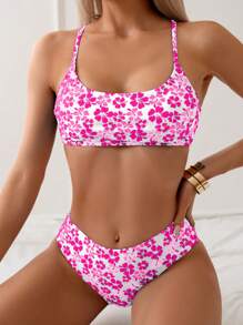 SHEIN Swim Women's Swimwear Set, Printed Tankini, Wireless For Summer Beach Vacation - Hot Pink - View 1