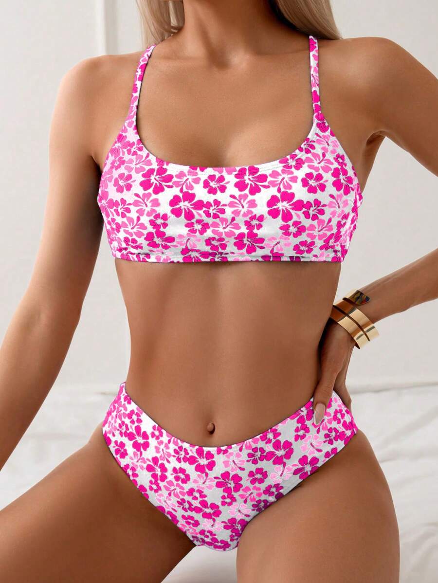 SHEIN Swim Women's Swimwear Set, Printed Tankini, Wireless For Summer Beach Vacation - Hot Pink - View 1