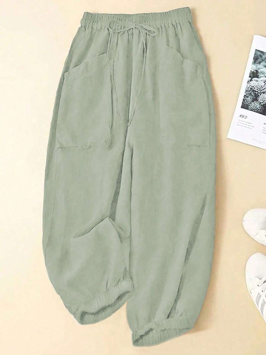 SHEIN Pantalones de tobillo informales de talla grande con cordón en unicolor - verde menta - Ver 1