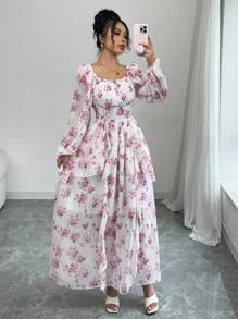 Airlisse Vestido largo fluido con estampado floral diminuto, de manga larga, con estilo francés romántico para primavera y verano