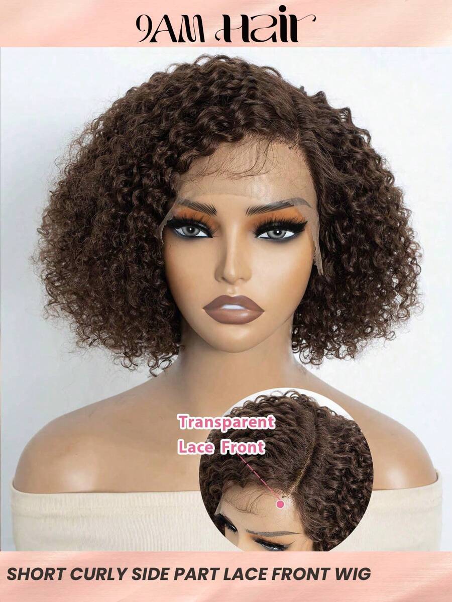 Short Kinky Curly Human Hair Lace Front Wig C Part Lace Bob Wig Brown Color Water Wave Style For Daily Use - S4 - View 1