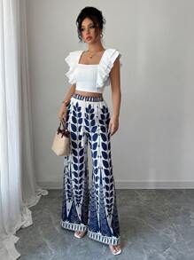Elenzga Conjunto de dos piezas de mujer de estilo elegante y de vacaciones, con parte superior corta de cuello cuadrado con diseño de mangas con volantes y pantalones holgados de pierna ancha con estampado de estilo bohemio, para primavera/verano