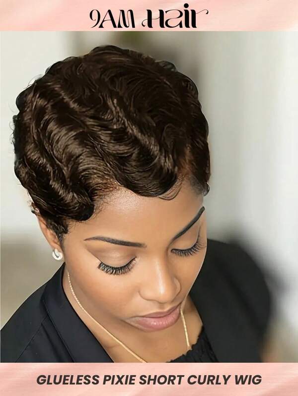 Extra Short Curly Wave Bangs Wig Short Human Hair Wigs Dark Brown Cheap Stylish Wigs Hair Replacement Wig For Women Brown Color