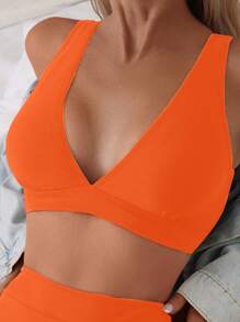 SHEIN Swim 2026春夏橙色深V领纯色性感高衩比基尼泳衣两件套（女款） - 橘色 - 查看 7