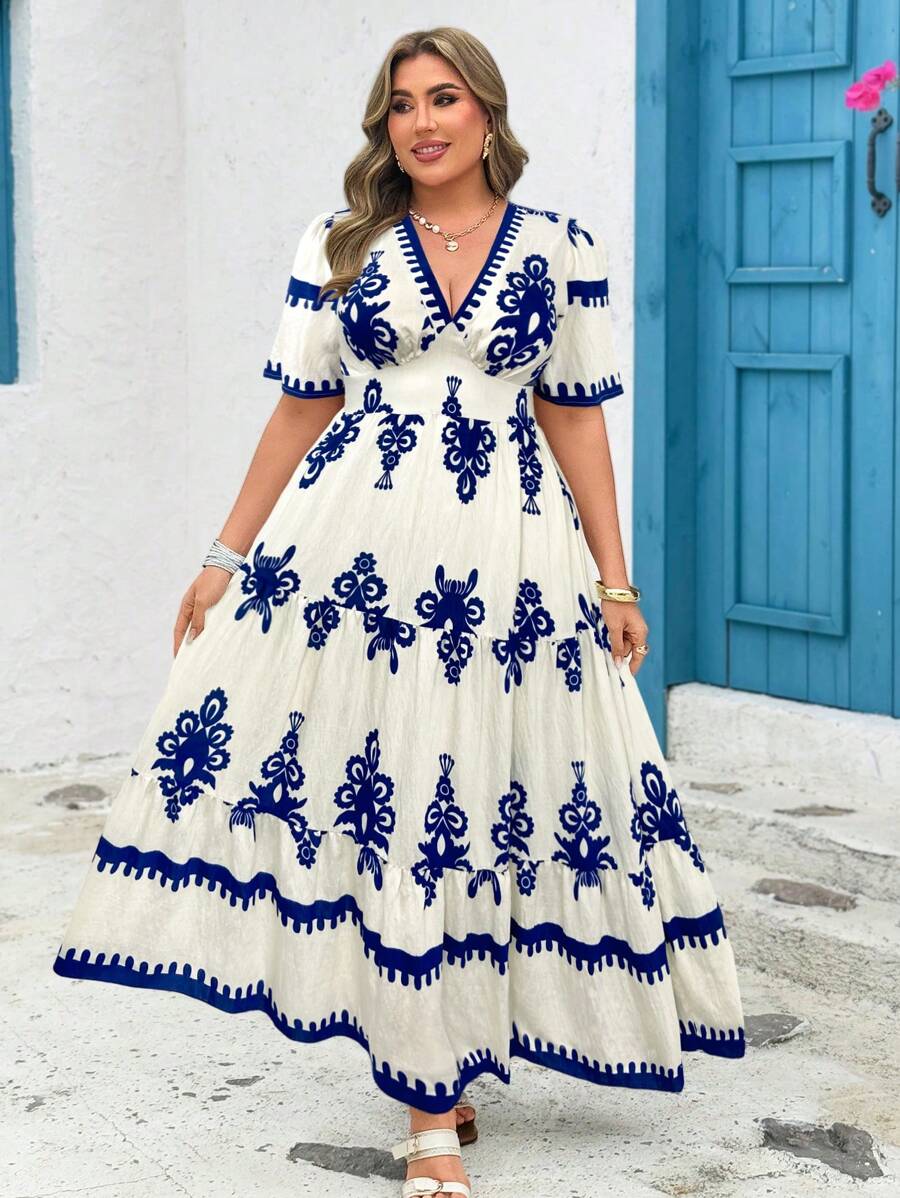 SHEIN Clasi Plus Size Women Floral Print V-Neck Short Sleeve Ruffle Hem Dress, Vacation Style - Blue and White - View 1