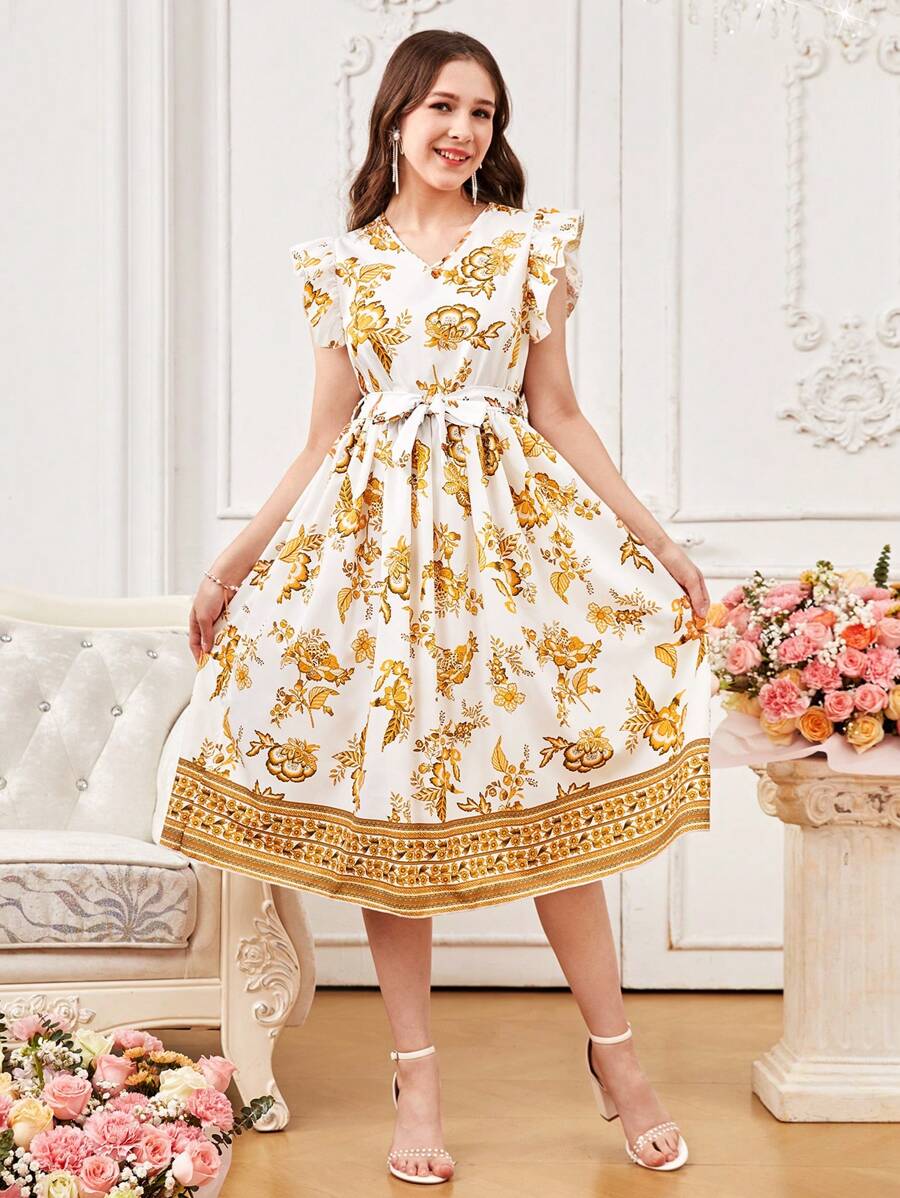 SHEIN 少女优雅度假夏季花卉印花领盖袖收腰喇叭下摆短款度假连衣裙，休闲太阳裙